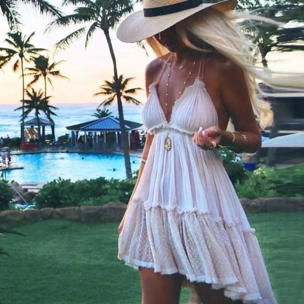Boho dress beach halter open back lace tie cream womens summer dresses